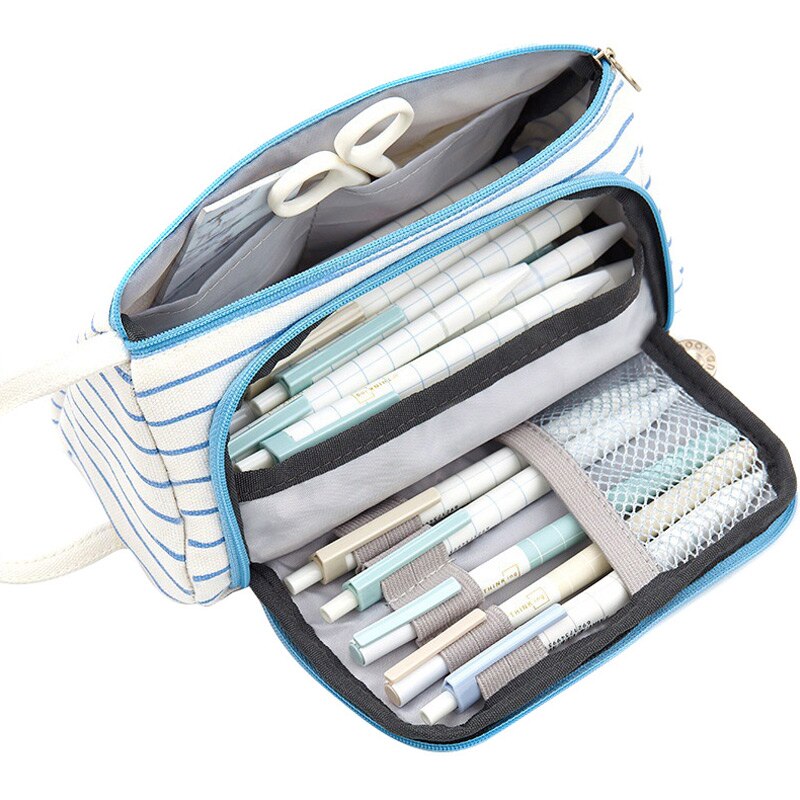 Women Cosmetic Bag Large Capacity Pen Cosmetics Storage Bag Canvas Pouch Pencil Stationery Case Holder For School Office: blue white