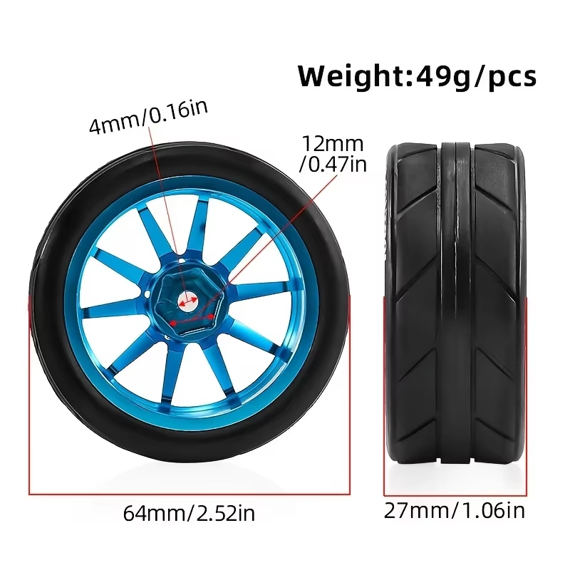 65mm RC Alloy Wheels & Rubber Tires 12mm Hex Hub For 1/10 Rally Racing Car Tamiya TT01 TT02 XV01 TA06 A959 PTG2 Upgrade Parts