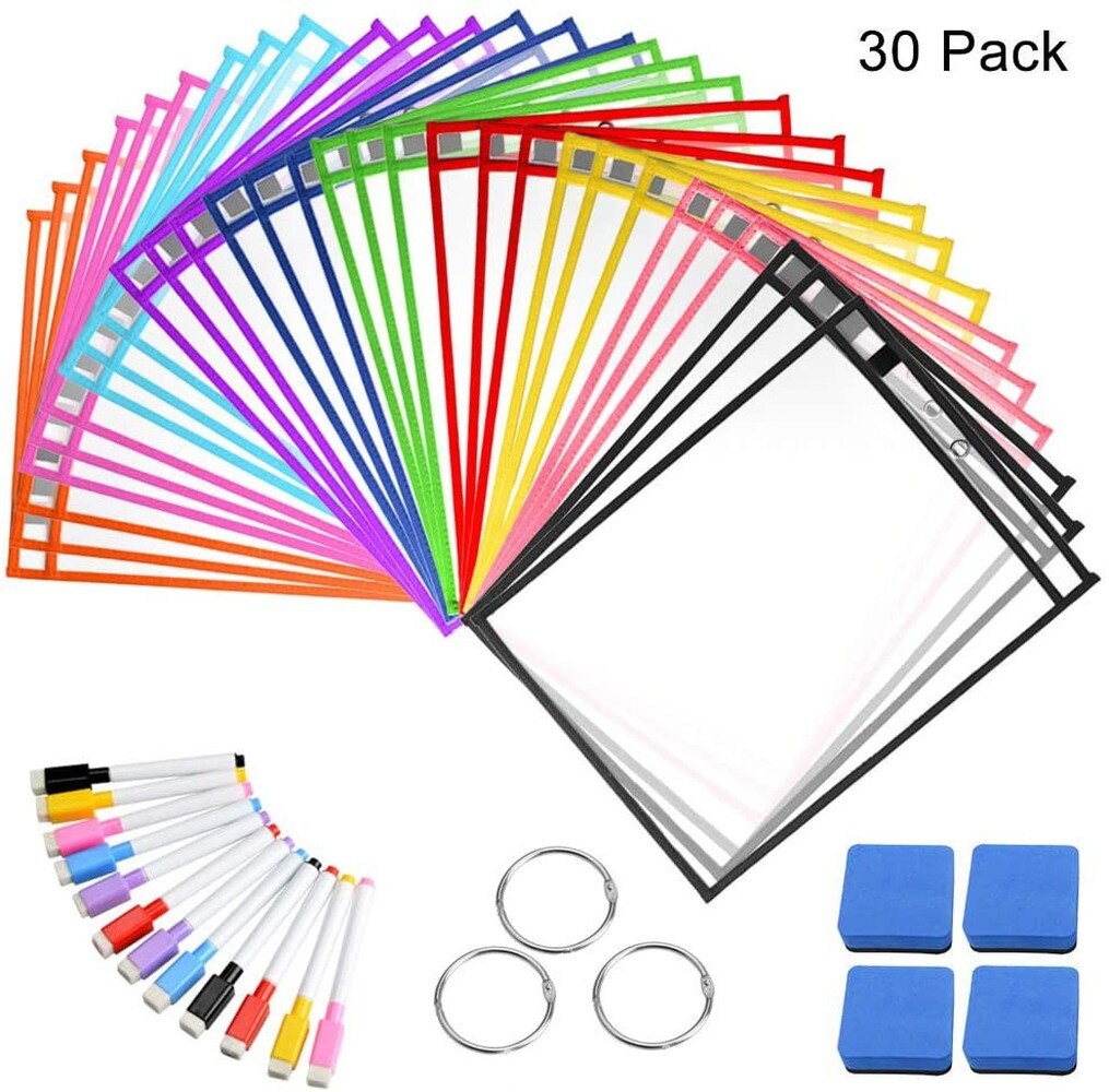 HD PVC Transparent Reusable Erasable File Bag Dry Erase Pockets With Pen Wipe Drawing Whiteboard Markers For Teaching Childen