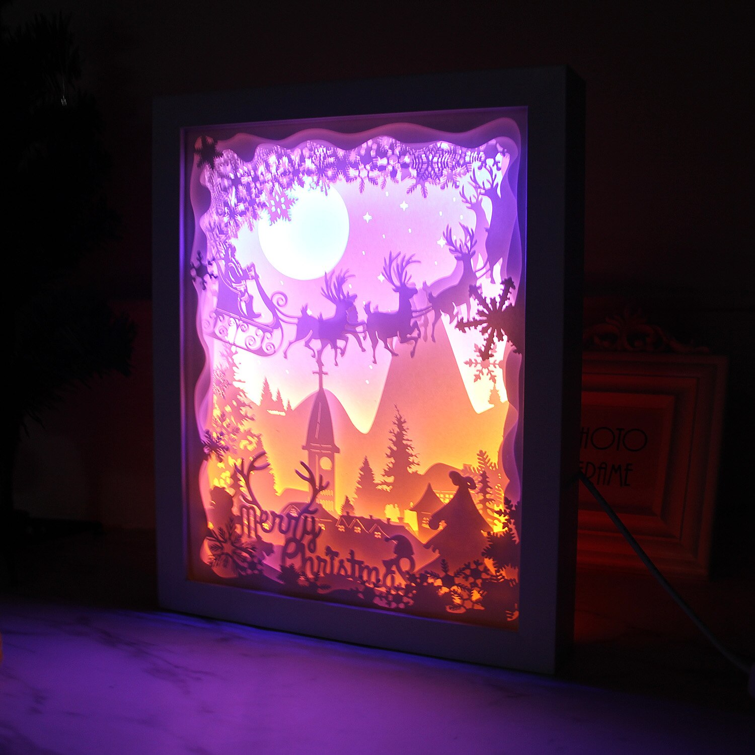 Merry Christmas 3D Shadow Box Paper Carving Papercut LED Night Lamp Light for Bedroom Coffee Shop Tea House Decoration
