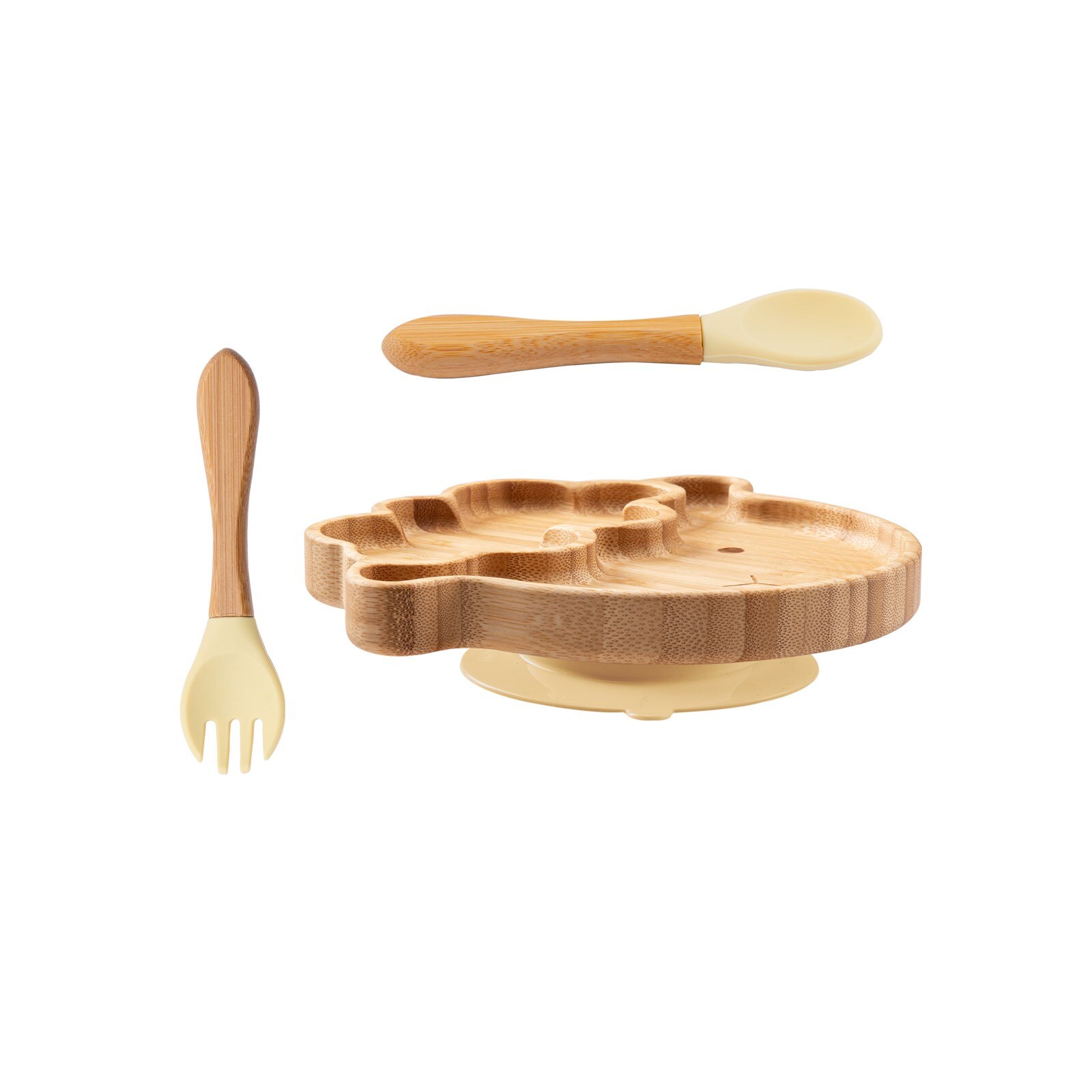Cuenco de bambú para alimentación de bebé, juego de vajilla de silicona con ventosa, antideslizante, resistente al agua, tenedor, cuchara, 4 piezas: 3pcs-I
