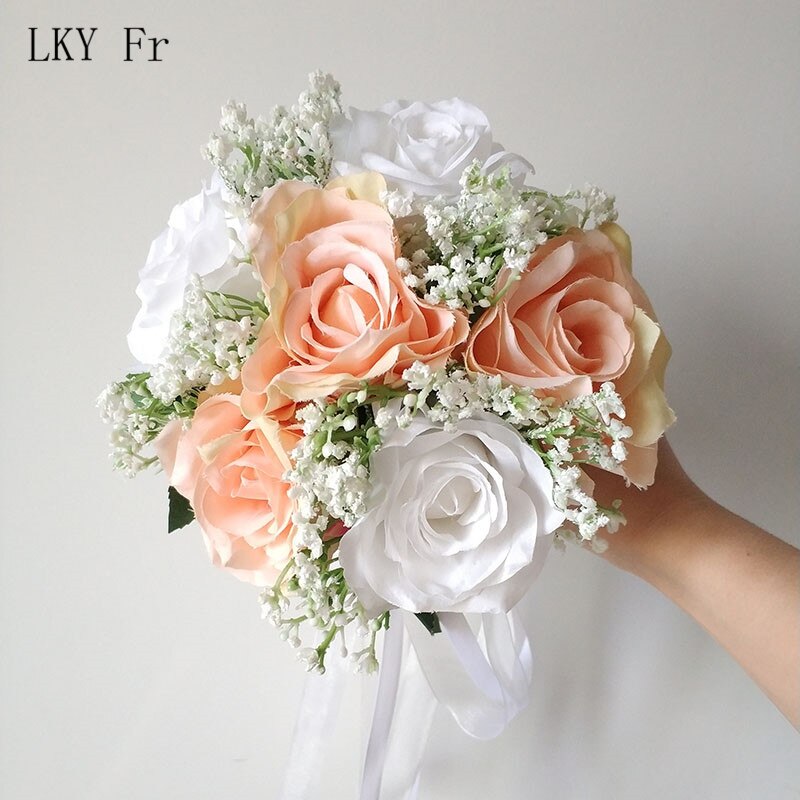 Lky fr bryllupsbukett brudepike brudebukett kunstige roser hvit silke blomster jente bukett bryllupstilbehør hjemmeinnredning: Hvit ferskenbukett