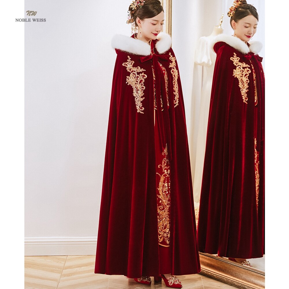 Winter Long warm Wedding capes Dark Red wedding cloak Floor Length Bride shawl Velvet cape coat adult Bridal Wrap