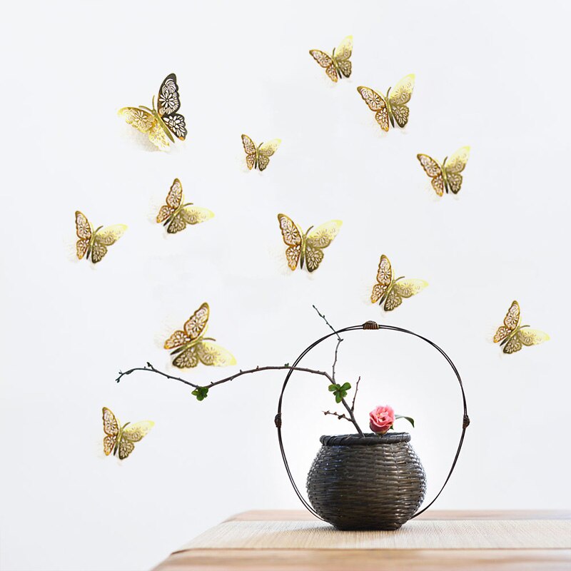 12 stk/parti 3d sommerfugle vægklistermærker wallstickers boligindretning hule sommerfugleklistermærker til børneværelset vægmærkat køleskabsindretning