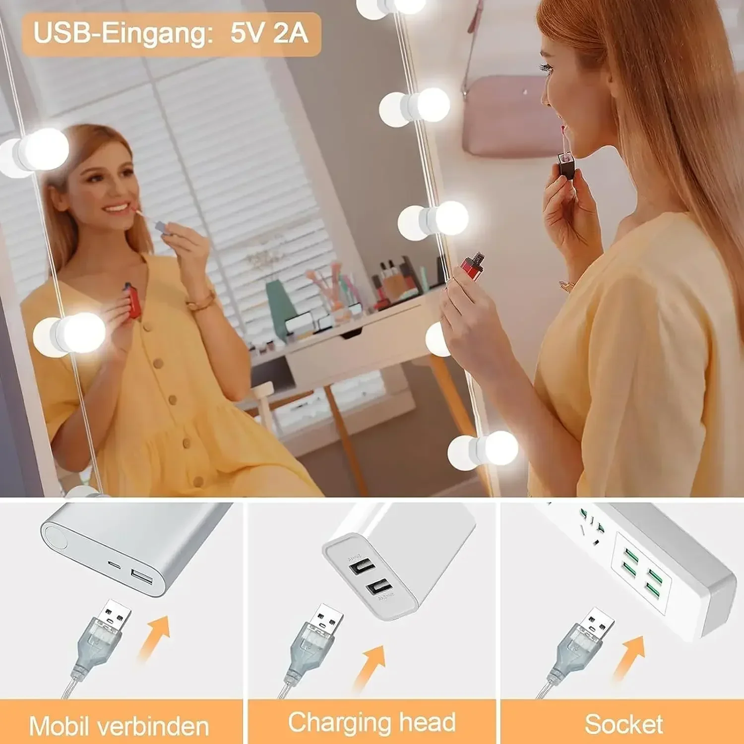 Bombillas LED para espejo de maquillaje, luces para espejo de maquillaje con carga USB, iluminación para tocador de baño, lámpara de pared LED regulable