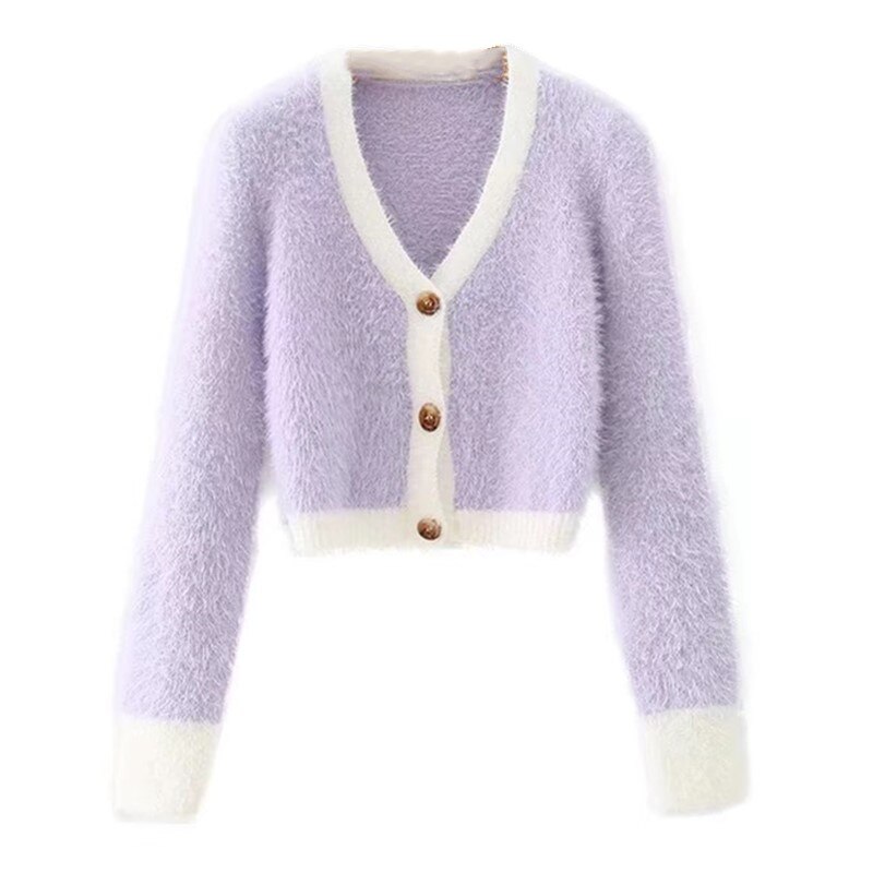 Vrouwen Breien Single-Breasted Button V-hals Cropped Vest Shaggy Trui Cool Girl Blootgesteld Navel Lange Mouwen Jumper: purple long sleeve