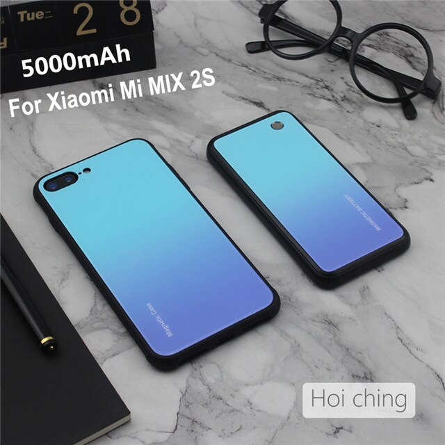 Wireless Magnetische Batterie Ladegerät Fällen Für Xiaomi Mi MIX 2S Batterie Fall Gehärtetes Glas Power Fall Für Mi MIX 3 lade Abdeckung: Blue For MIX 2S