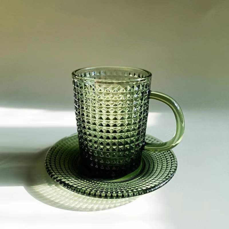 Tasse à café et soucoupe Vintage en verre gaufré de 250ml, verres à vin vert foncé, tasse à thé rétro, verres pour Bar à la maison, assiette ronde