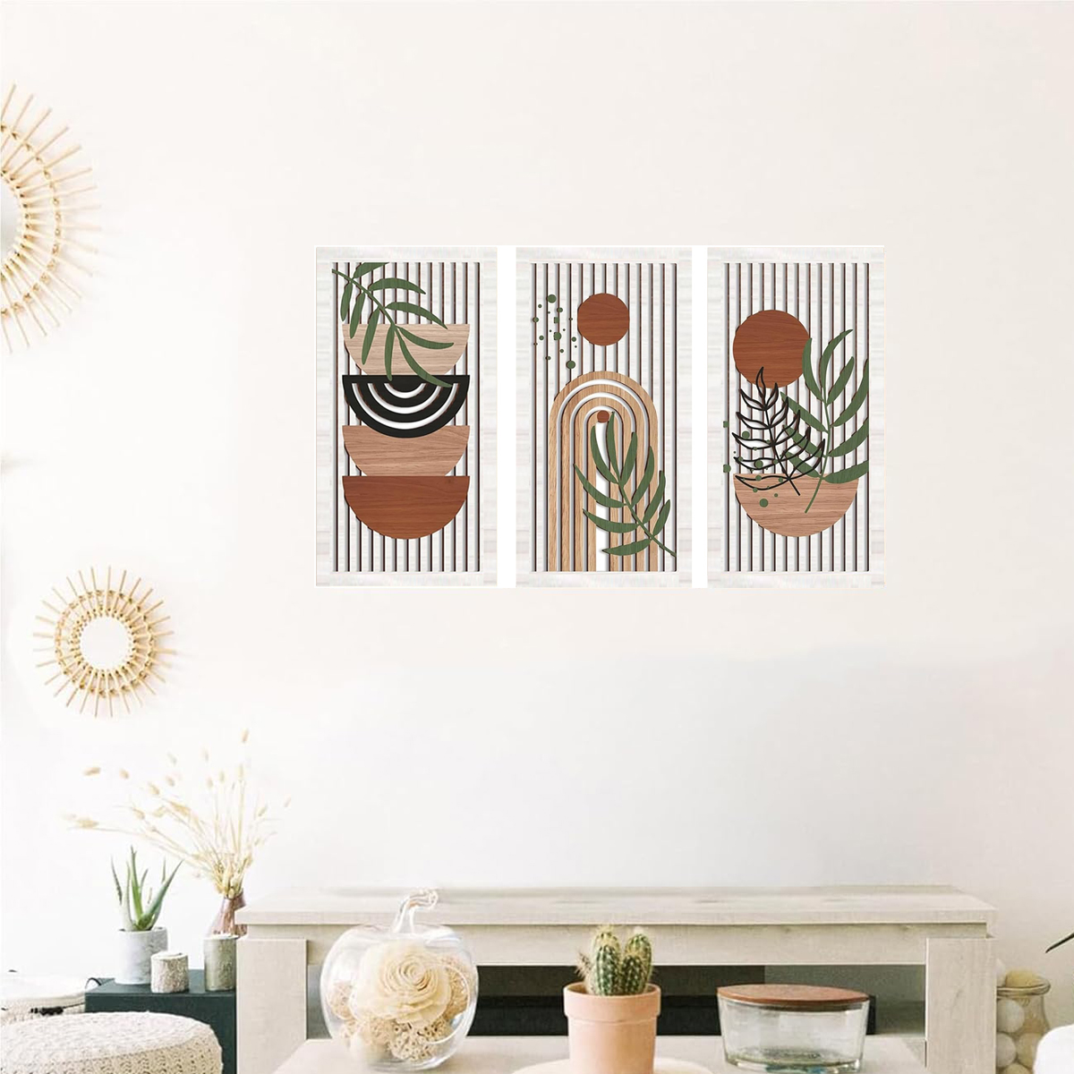 3 pezzi di arte da parete in legno bohémien, arredamento multiuso per camera da letto, soggiorno e ufficio, decorazione da appendere alla parete, piatto 2D