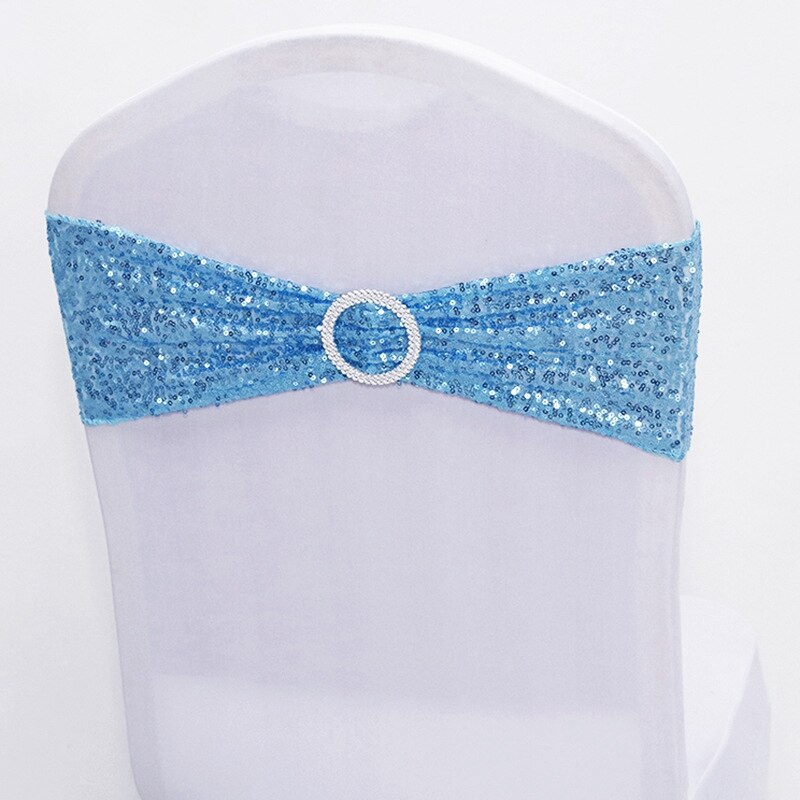 Sequin Chair Bands Stretch Spandex Chair Sash Band with Round Buckle for Wedding Events Banquet Decoration Party Supply: LightBlue Chair Band
