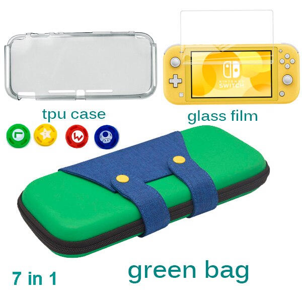 3 In 1 for Nintend Switch Lite Carrying Bag Switch Mini Protector Case for Nintendo Switch Mini Accessories Storage Glass Film: green 7 in 1