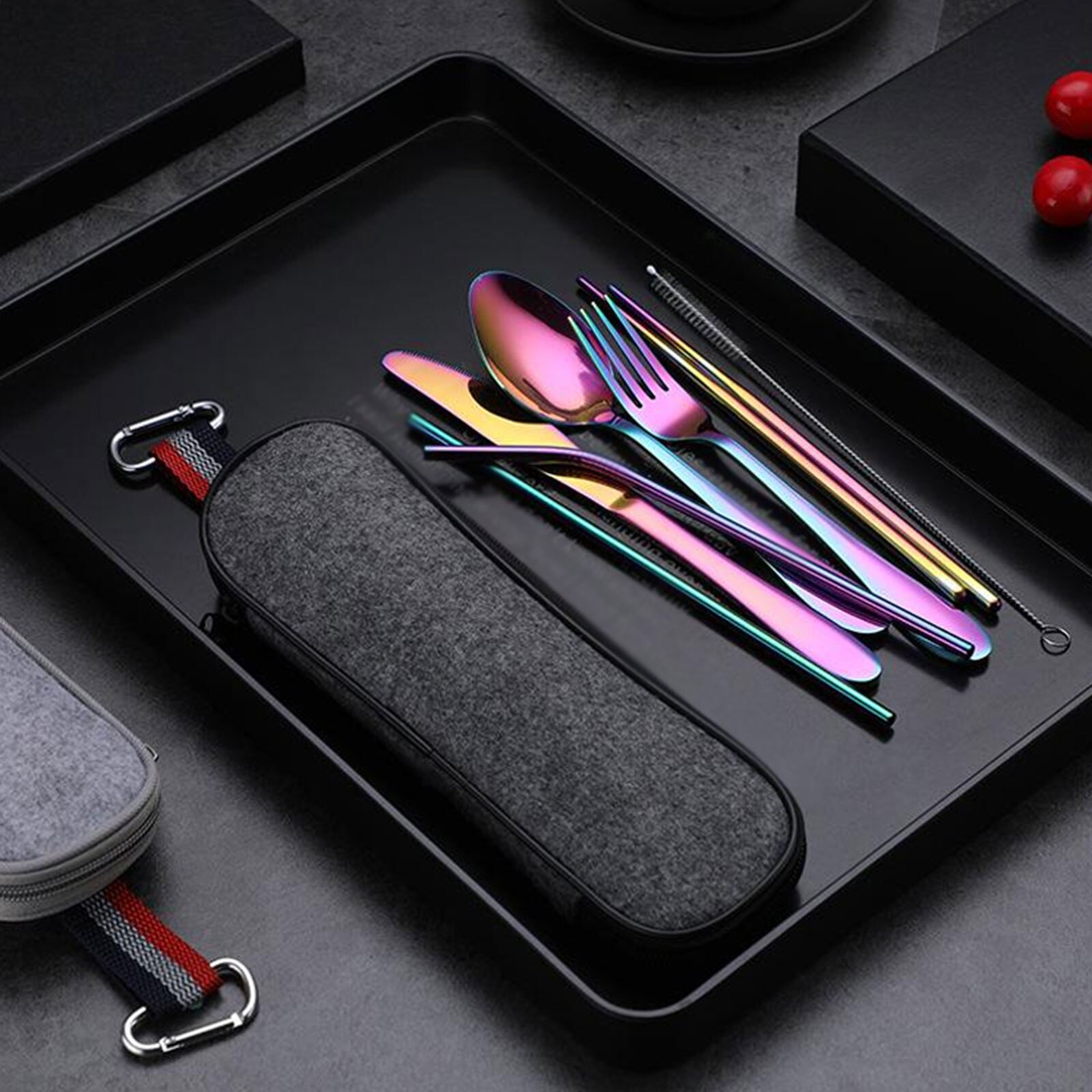 1set Tableware Reusable Travel Cutlery Set Camp Utensils Set with stainless steel Spoon Fork Chopsticks Straw Portable case