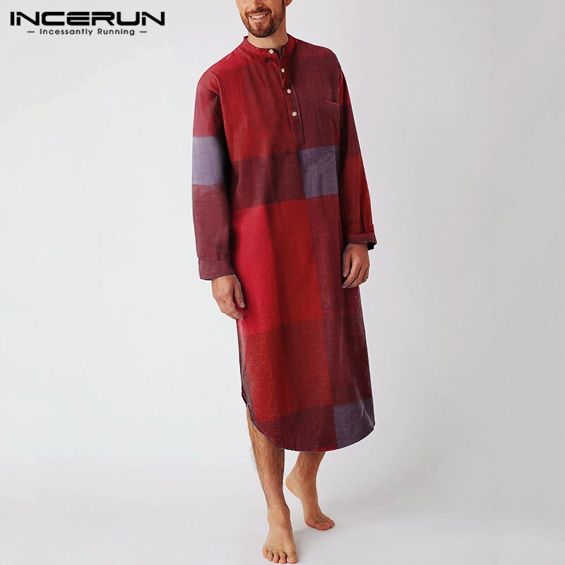 Man Mode Plaid Slaap Gewaden Gezellige Knoppen Nachtkleding Incerun Mannen Lange Mouw O Hals Nachtkleding Losse Katoenen Zakken Nachtjapon 5XL