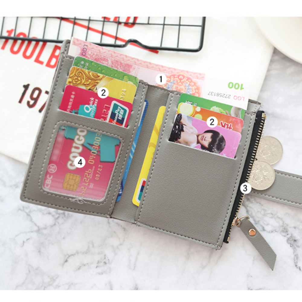 Women Leather Small Wallet Card Holder Solid Color Short Lovely Purse Zip Coin Purses Clutch Handbag Coin Purse