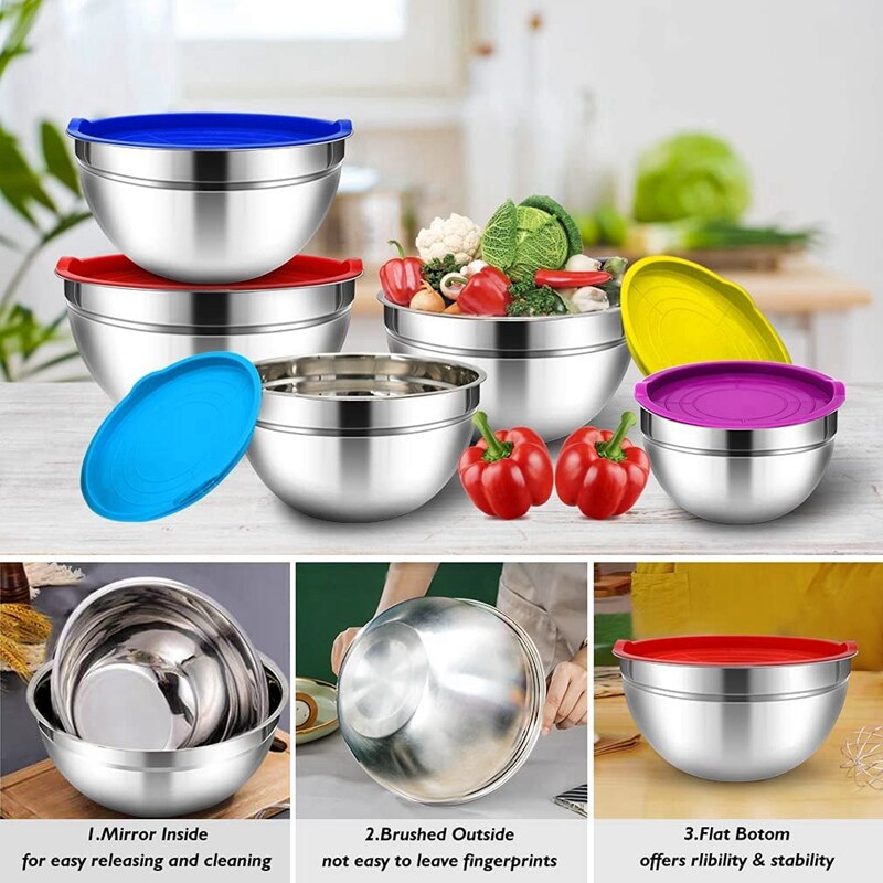 Ensemble de bols à mélanger avec couvercles, 7 pièces, bols à mélanger en acier inoxydable, bols de rangement en métal pour la cuisine, pour la préparation, la cuisson