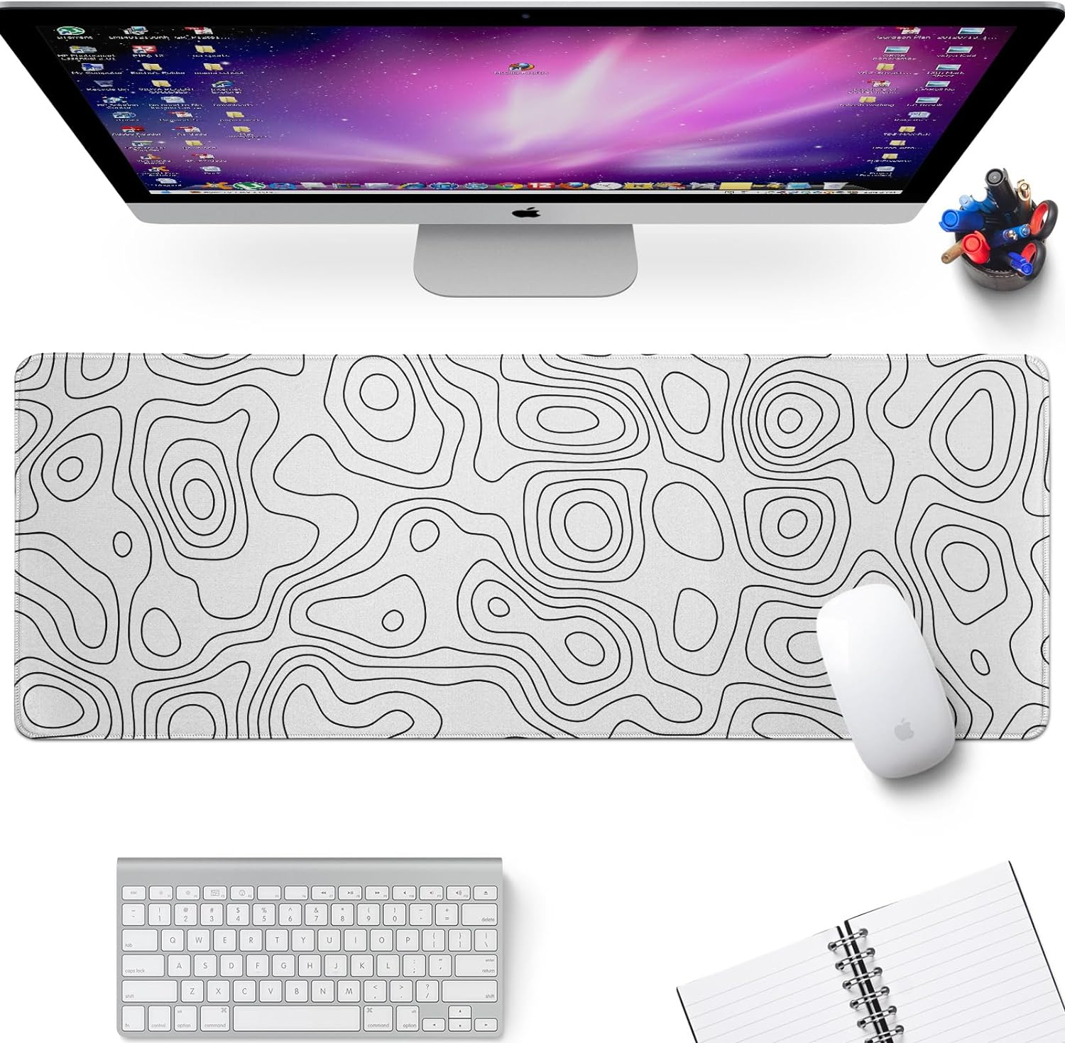 Weißes Gaming-Mauspad, Topografie-Kontur, großes Mauspad, Laptop-Schreibtischunterlage, Tastaturmatte, genähter Rand, rutschfestes Gummi, großes Schreibtischunterlage