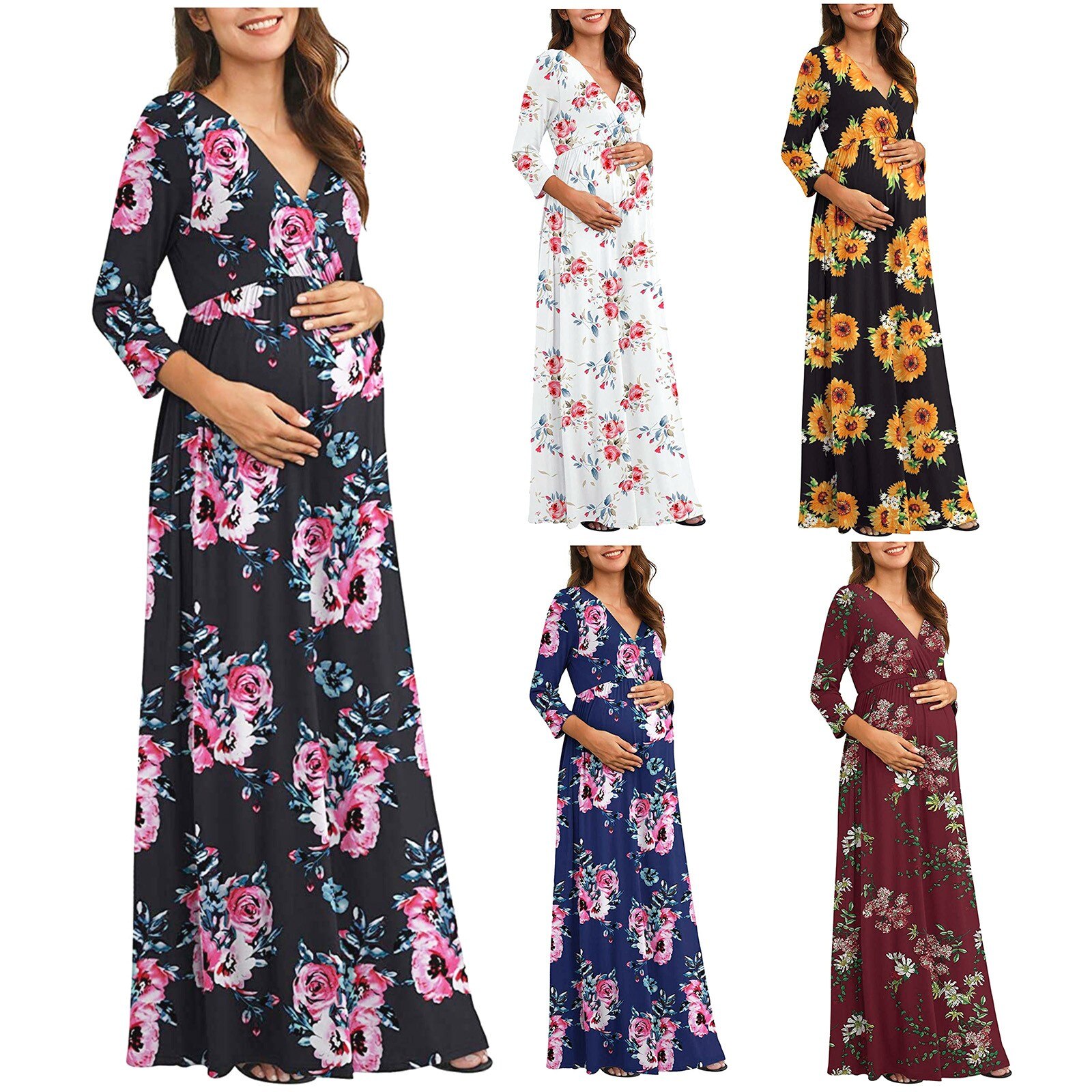 Vestido de maternidad para mujer, vestido largo informal de manga 3/4 con cuello en V, estampado de flores para embarazo