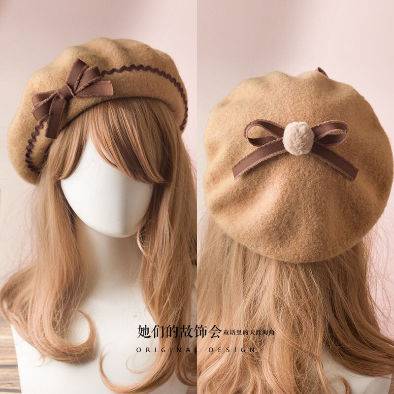 17 Kleuren Lolita Baretten Wol Blend Hoed Vrouwen Meisjes Boog Plaids Streep Sailor Stijl Preppy Chic Studenten Cap: F