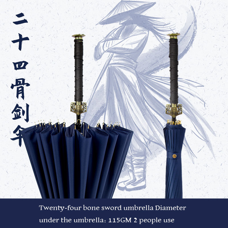 Creatieve Lange Handvat Grote Winddicht Samurai Zwaard Paraplu 24 Bone Zwaardvechter Zon Regen Paraplu Verfijnde Metalen Cap: 24K Blue