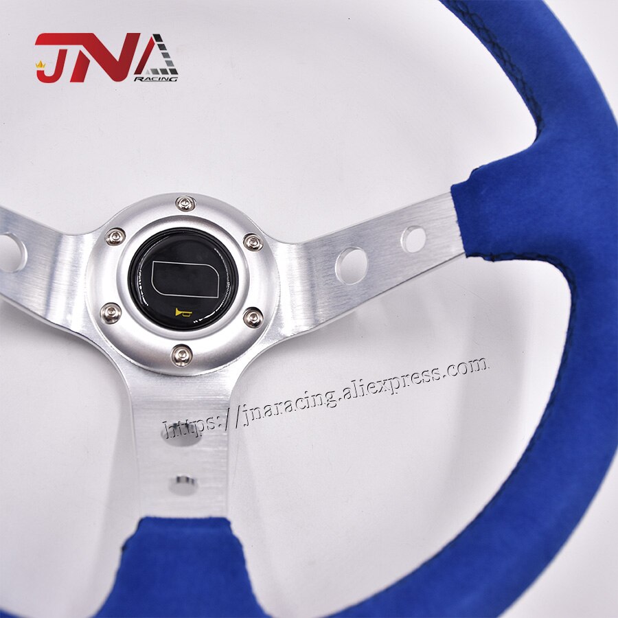 Universal Blue JDM Suede Leather steering wheel with Horn Button & Aluminum Spoke turning wheel