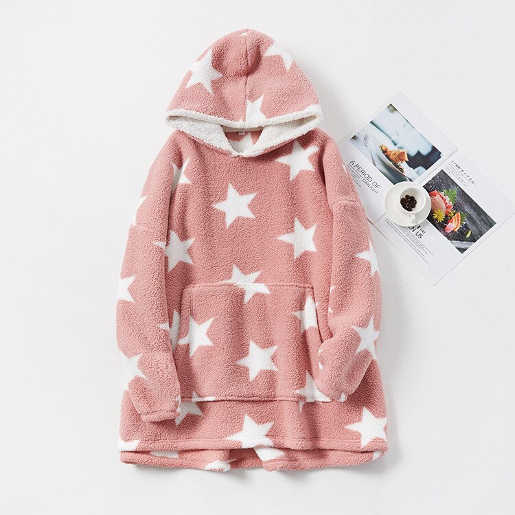 Pull à capuche en peluche pour couple, ample, épais et , peignoir en peluche pour homme et femme, pyjama en molleton de corail, vêtements de maison, chemise de nuit, hiver: Rose