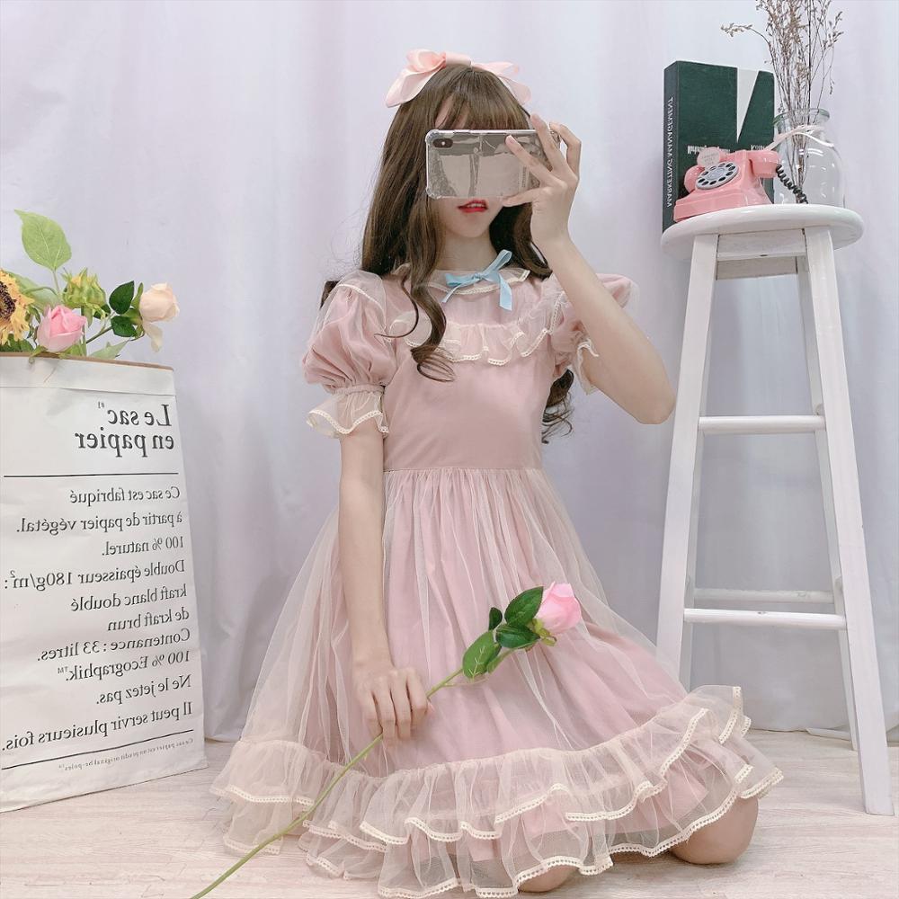 summer short sleeve Lolita dress puff sleeve mesh student sweet kawaii pink dress Cos Loli Vestidos