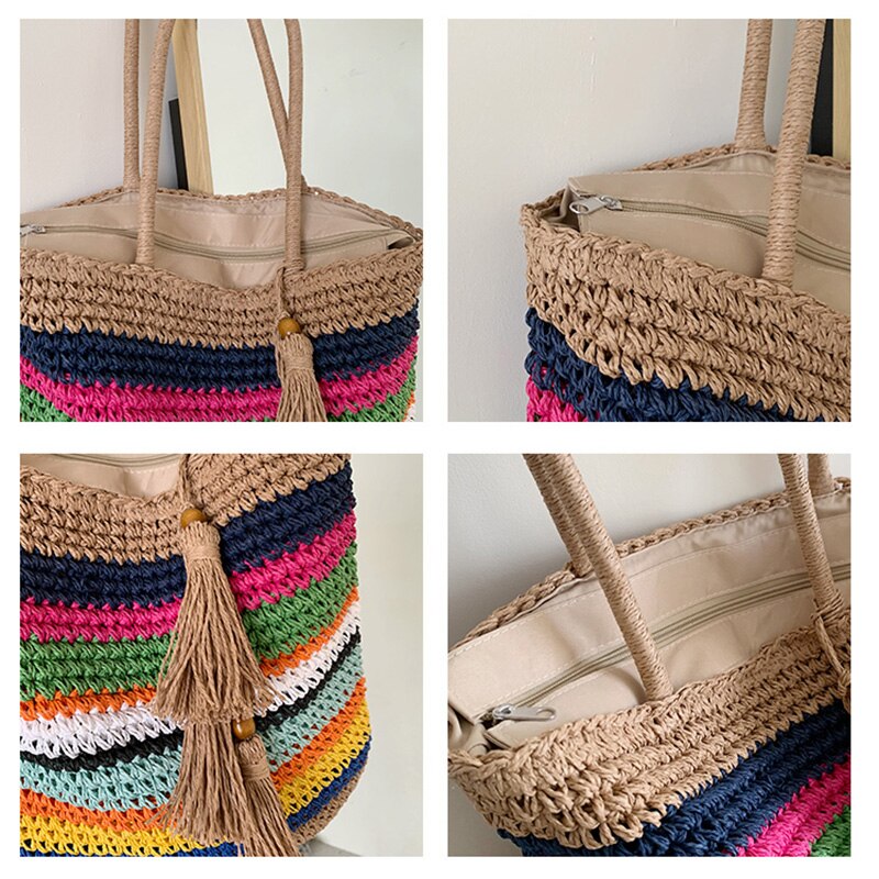 Solid Color Beach Straw Bag High Handmade Casual Shoulder Bags for Women Simple All-match Travel Bags Sac A Main
