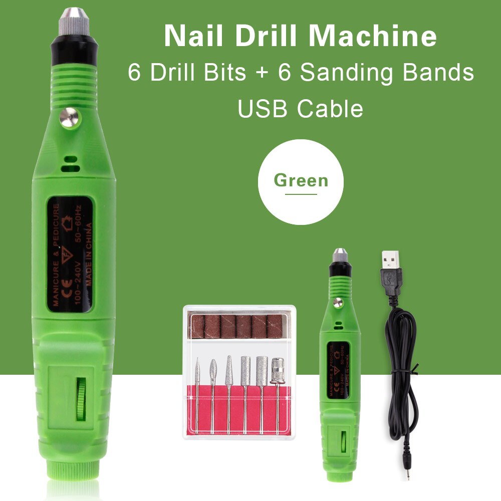 Electric Nail Drill Set Manicure Machine Pedicure Tool 6 Bits Sanding Buffer Apparatus Strong File Pen USB Charging: USB Green