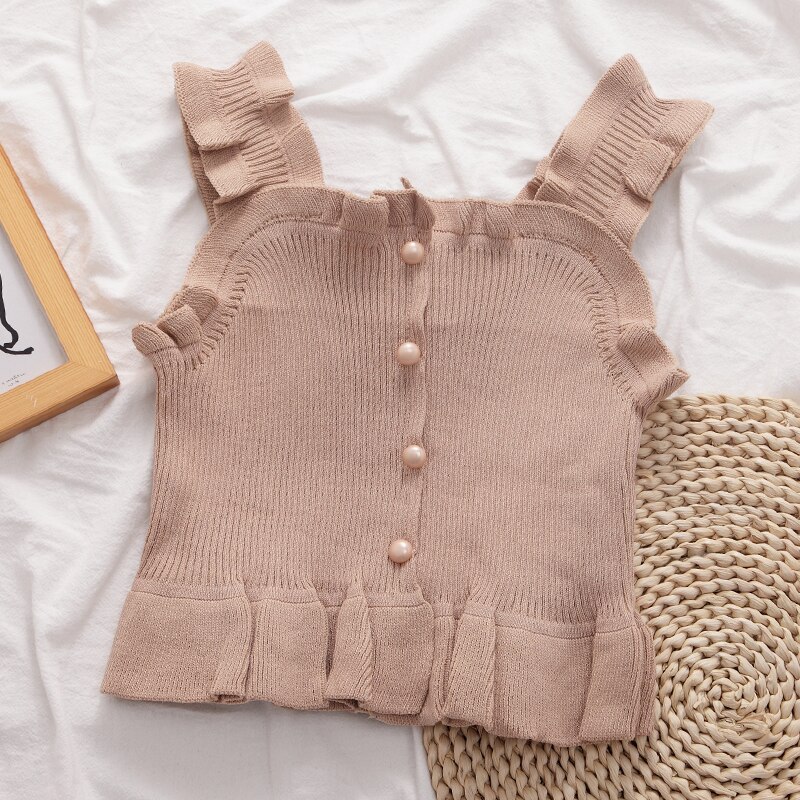 Gagarich colete feminino doce frilled 2020 verão novo estilo coreano feminino sólido magro wear topos: Cáqui