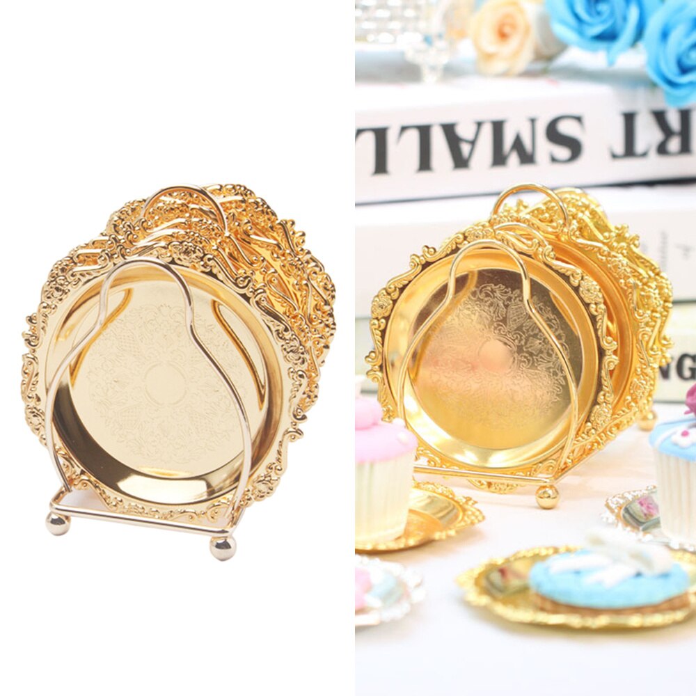 6PCS Mini Cake Dish Fruit Platter Dessert Plate Snacks Tray Decorative Tableware with Rack for Wedding Party Home (Golden)