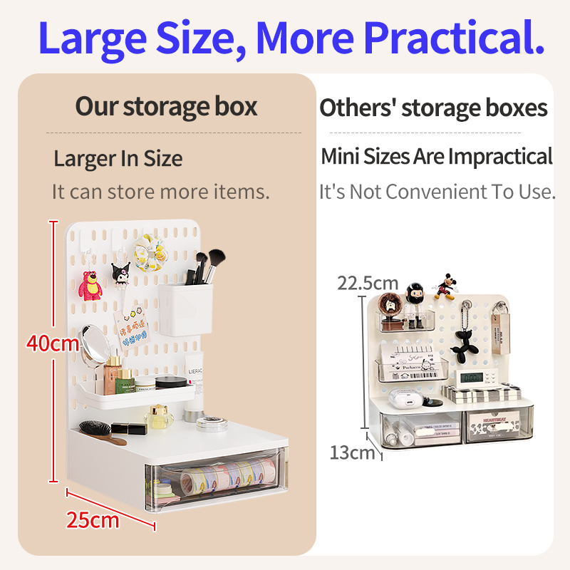 Pegboard de escritorio de oficina con estantes de almacenamiento y cajas de almacenamiento, cajones de gran capacidad y de combinación libre.