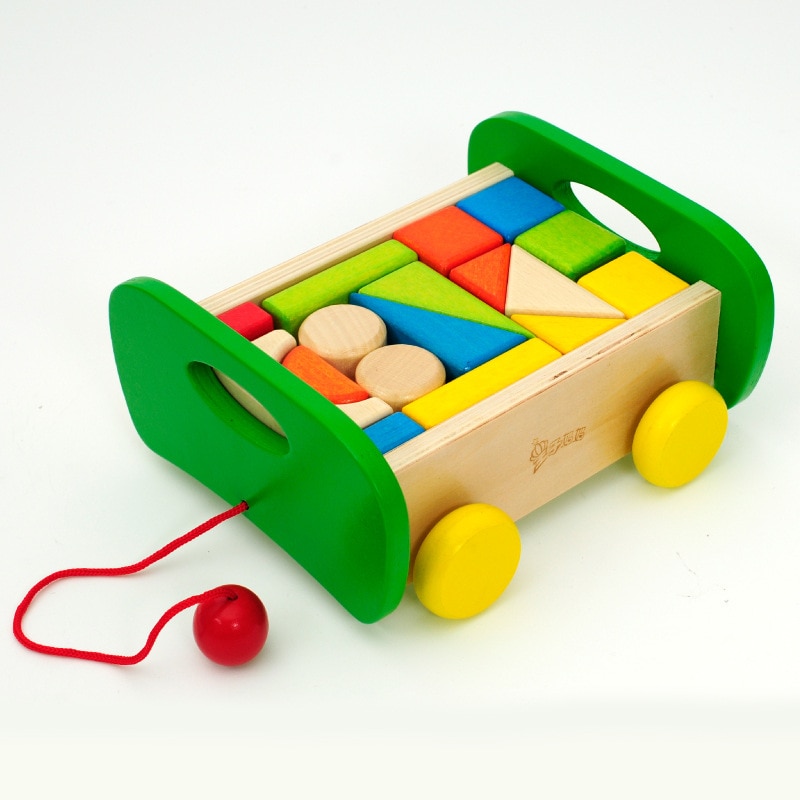 Children's DIY Wooden Color Solid Wood Blocks 1-3-6 - Year - Old Young Kids Drag Car Toys for Children