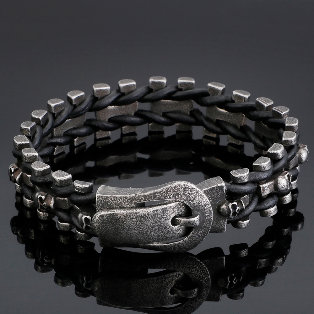 Schädel Armbänder Für Männer Edelstahl Gothic Geist Kopf Leder Armband Männlichen Mit Gürtel Schnalle Armbanden Schmuck Zubehör