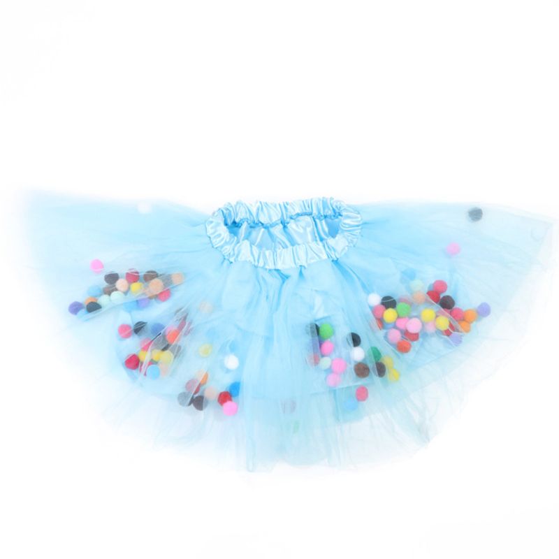 Kids Girls Ballet Layered Fluffy Tulle Tutu Skirt with Rainbow Pom Pom Puff Ball: Sky Blue