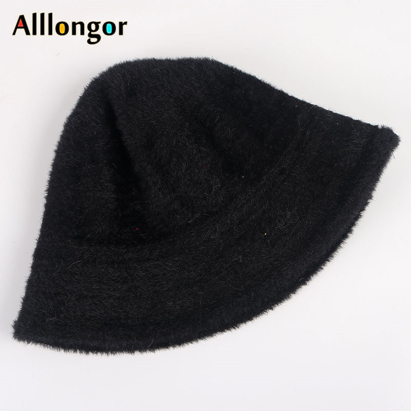 Winter Hat Women Bucket Hat Femme Autumn Warm Solid Casual Plush Faux Fur fishing cap Solid Wool fisherman&#39;s hats mujer: black