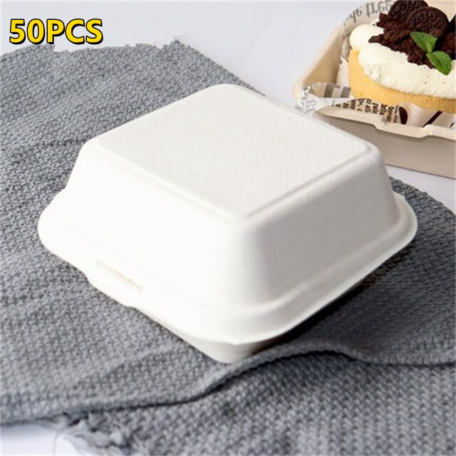 50Pcs Reusable Bento Box Food Containers Eco-Friendly Fruit Hamburger Dessert Cake Bento Box Microwavable Portable Lunch Boxes: 50PC White