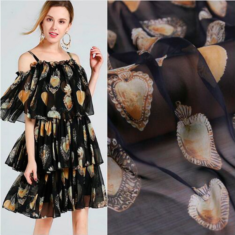 100X145cm le sacré coeur noir mince tissu en mousseline de soie pour femme été longues robes Blouse couture bricolage