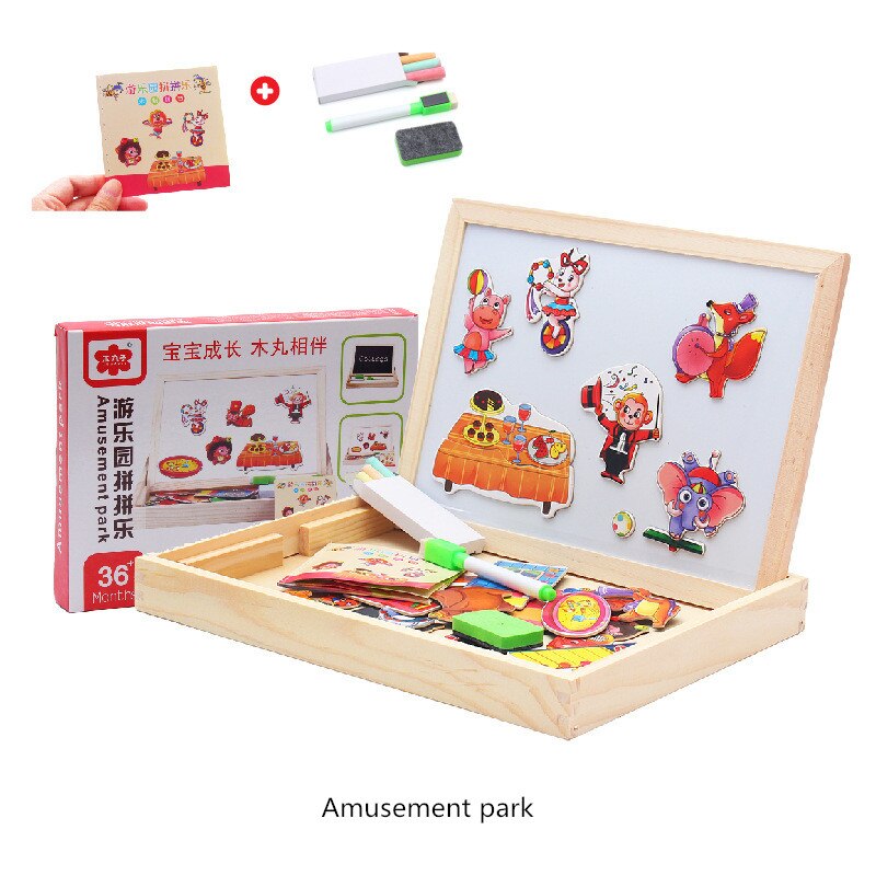 15 Style Wooden Magnetic Puzzle Double-Sided Drawing Board Farm/Animals/Vehicle/Circus Puzzle Toys for Children With Box: N