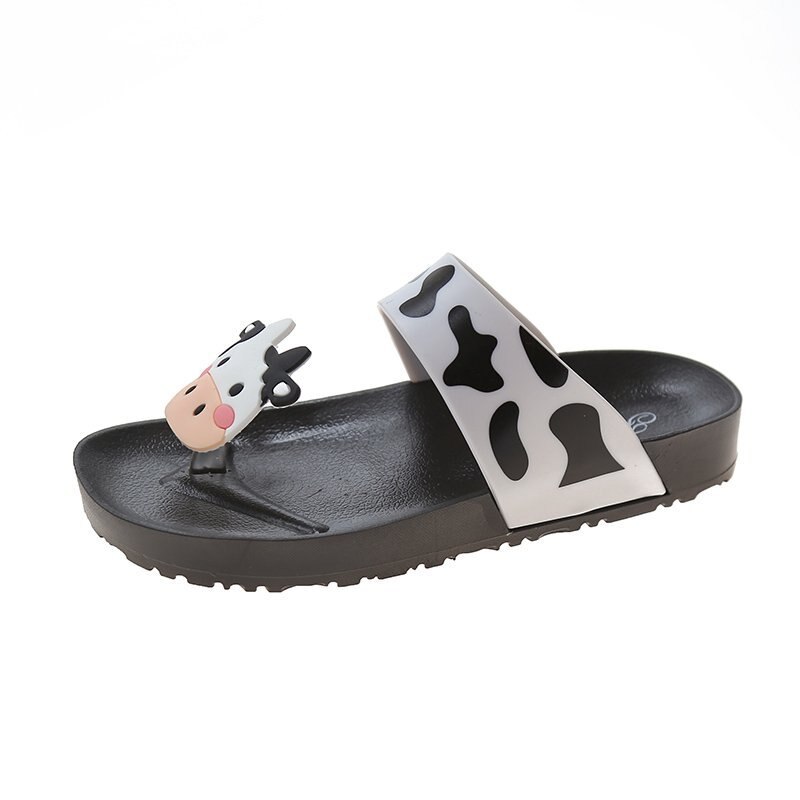Chanclas de dibujos animados de vaca para mujer, zapatillas de Interior para el baño, sandalias de playa para la playa, zapatos de verano, zapatillas de Tanga, zapatos para exteriores