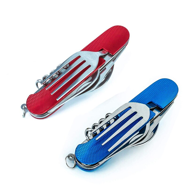 Multifunctional Foldable Pocket Stainless Steel Outdoor Camping Picnic Cutlery Knife Fork Spoon Tableware Parts: Blue Red