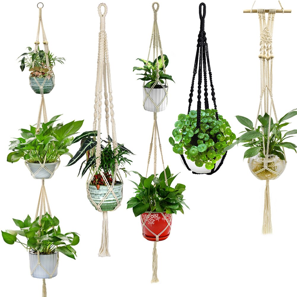 Colgador de macramé hecho a mano para plantas, cesta de macramé de algodón anudada para macetas, soporte para colgar con borlas, cuerdas para decoración de pared y jardín