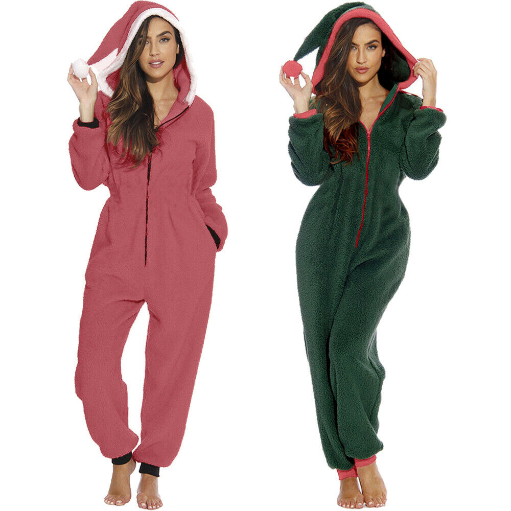 Christmas Women's Fluffy Warmth Hoodie Romper Long Sleeve Jumpsuit Sleepwear Cute Xmas Womens Jumpsuit Nightwear Homewear