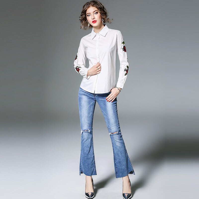 Willstage, blusa con bordado de rosas, camisas con estampados florales y a rayas para mujer, blusa de manga larga, ropa blanca, novedad de otoño , Tops femeninos