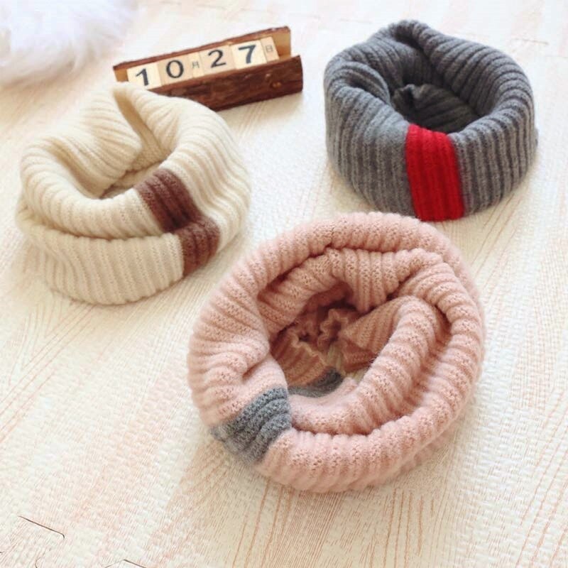 Koreanske børn strikket gravhund tykt varmt stribet tørklæde krave patchwork til børn vinter tørklæder ring infinity tørklæde