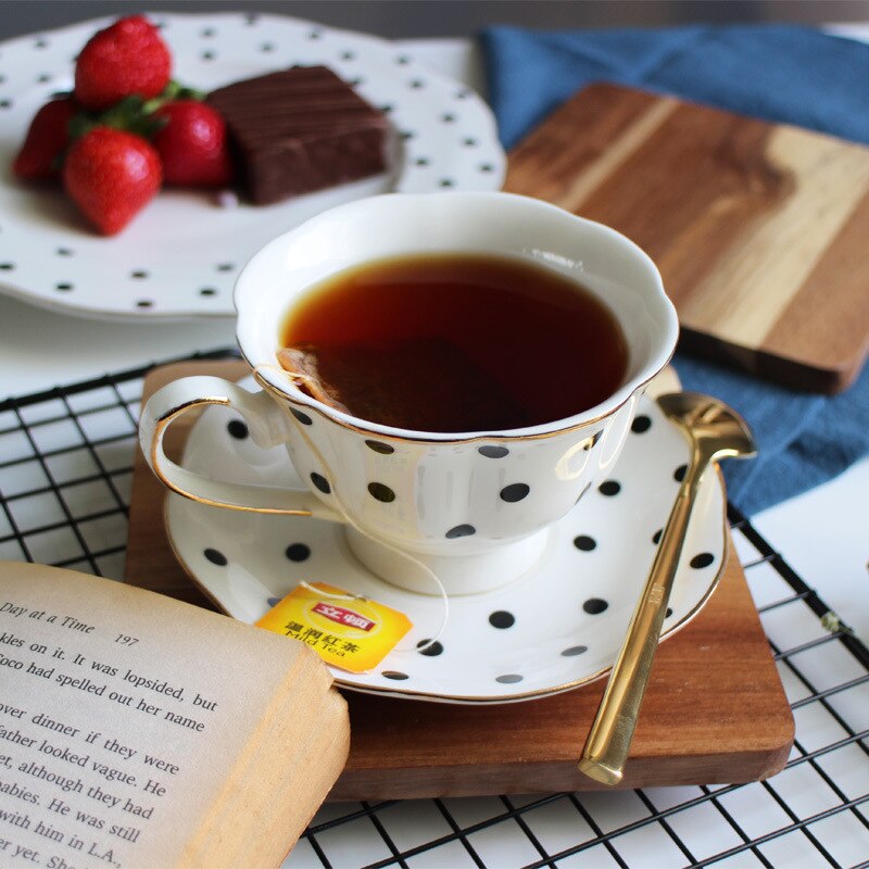 200ml Retro British Tea Coffee Cup and Saucer Set Black Polka Dot Stripes Pattern Ceramic Cups