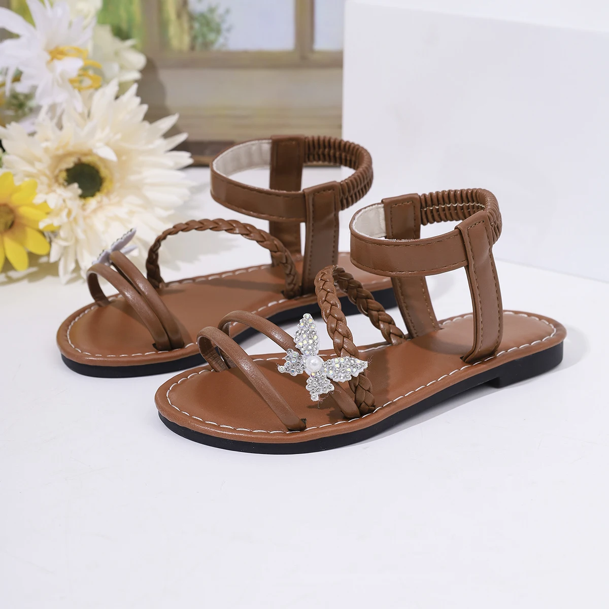 Sandalias cómodas de tejido marrón para niña con lazo de diamantes de imitación, bonitos zapatos de princesa para calzado infantil