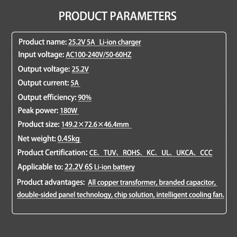 25.2V 5A Lithium Charger DC5521 Connector For 6Series 22.2V 21.6V Li-ion Fast Battery Charger Input voltage 100-240V