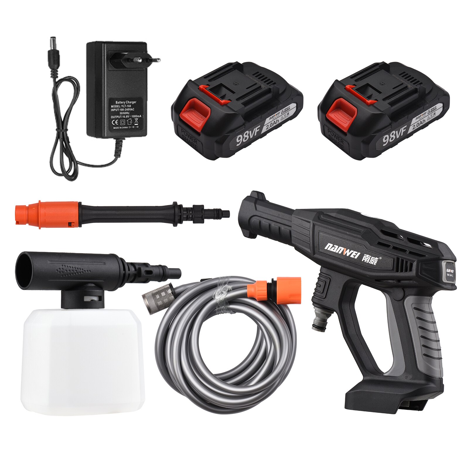 2.0Ah battery Wireless Car Washing Machine Mini Cordless Electric Car Washer with a 5-meter Water Hose and a 400ml Bottle: 2pcs Battery / US