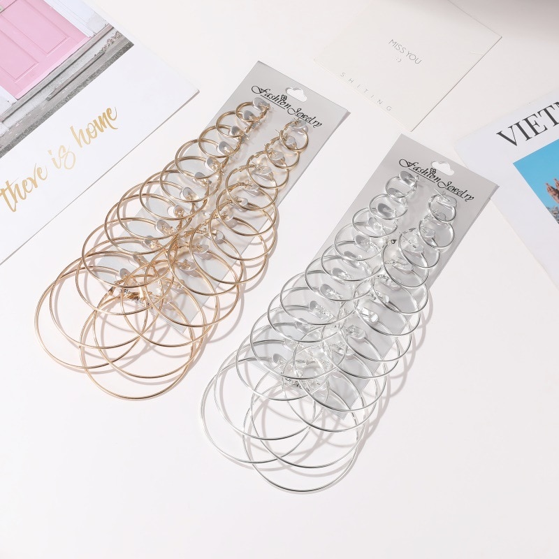 12-piece Earrings Set of Exaggerated Geometric Big Circle Earrings for Women Hollow Round Gold Silver Colour Small Ears Ring