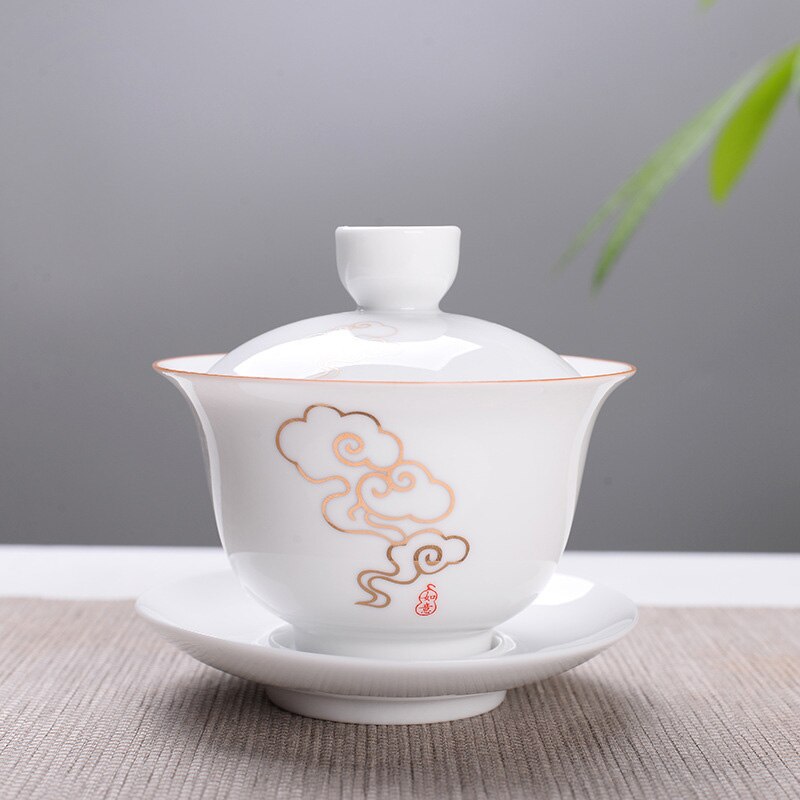 Hvid porcelæn te terræn kop, omrids i guld dæk skål te sæt gaiwan te porcelæn pot sæt rejse smuk kedel 180ml: 05
